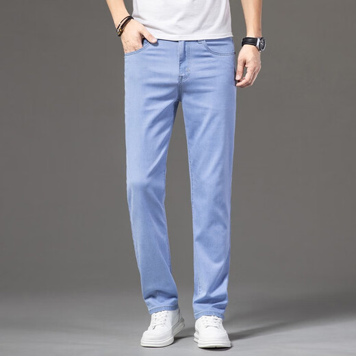 Jeep SpiritJeep Jeep Jeep Summer Jeans para hombres Pantalones de hombres sueltos para hombres New Elastic Alto-End pantalones FXNZ-9767 Azul de tenis transpirable 30 Círculo de cintura Two Foot tres