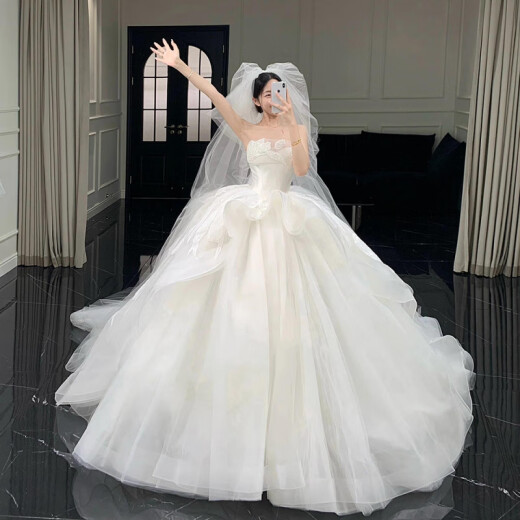 Kangdumi Hochzeitskleid, Hauptgarn der Braut, kleines trägerloses Kleid 2025 neuer Stil schwangerer Frauenhauptgarnstruktur, großer Größe, Schlanker und Schwanz, komplettes Stil (sieben Teilset) s