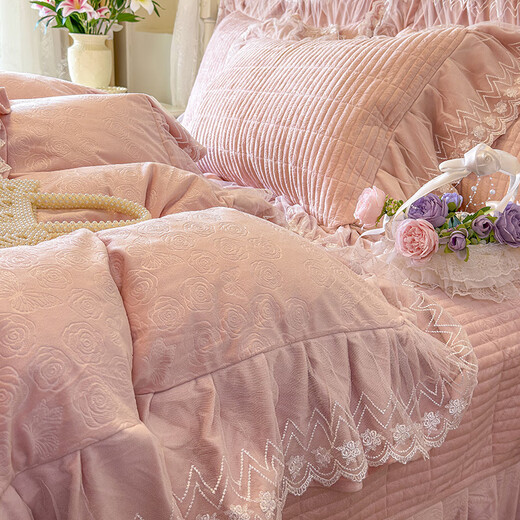 Yalu Korean lace baby velvet bed skirt four-piece set winter double-sided milk velvet warm bed sheet quilt cover three-piece set Chanel Garden-Pink Jade bed cover 1.5m four-piece set