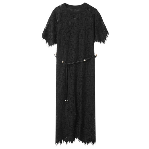 Drei Farbe 2025 Sommer Neues Spitzenkleid Zweiteiler Gürtel Taille geschlossen romantisch schwarz l 165/88a