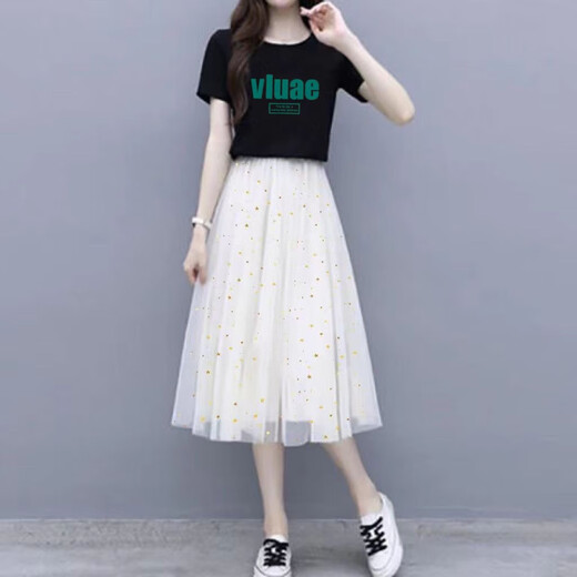 酷章（KUZHANG）网纱裙女两件套装夏季新款短袖t恤女小个子半身裙子学生连衣裙女 韩6198#白色+黑色裙 S