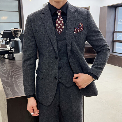 ROMON suit + vest + trousers suit slim fit suit wool professional wear dark gray 3XL
