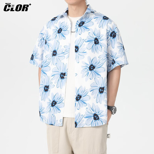CLOR American ice silk shirt men's spring and summer printed short-sleeved shirt loose jacket CLCX11 Blue Rhyme Flower 2XL