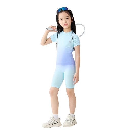 Ikano I.KARNOW Children's Cycling Sports Set Summer Quick Dry Clothes 2025 Summer Girls Outdoor Training Clothes Cool and Breathable Children's Clothes 17152 Blue and Green Gradient [Speed ​​Dry Sweat Absorbing] 110 [Recommended Height 105-125cm]