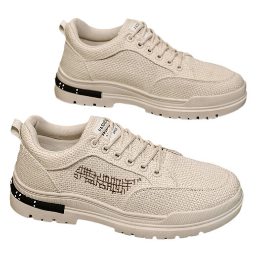 
Jingpu Fei men's shoes for spring breathable and odor-proof canvas shoes lightweight and versatile thick-soled casual sports trendy shoes CF9906 khaki 44