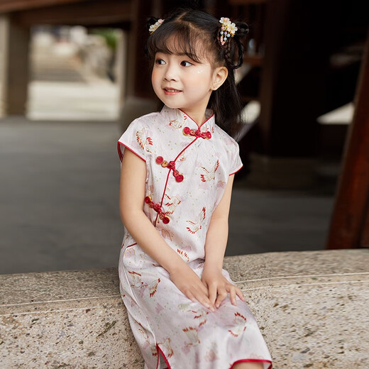 KuZHANG (KUZHANG) Children's Cheongsam Dress 2024 New Spring and Summer Small and Medium-sized Children's Baby Silk Thin Girls Hanfu Style 6630 Blue Butterfly 100 6 sizes-110CM)