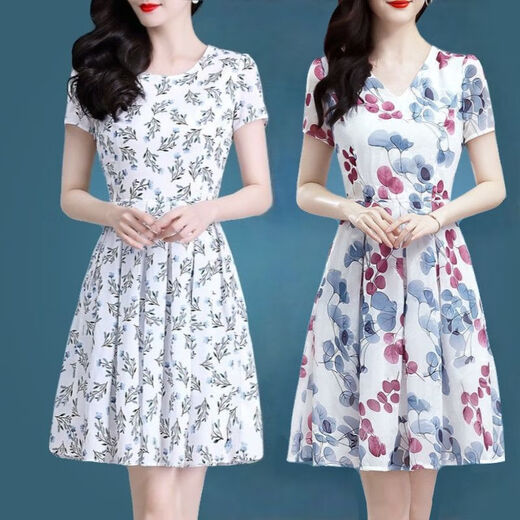 ICE Seidenkleid Sommer 2025 Neues Blumenrocktemperament 40-50 Jahre alte Frauen mittleren Alters mit kurzer Ärmeln gedrucktem Rock Ice Seide 9905 Rock M 100jin [Jin gleich 0,5 kg]