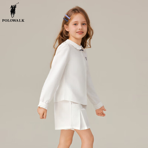 POLOWALK children's clothing girls' long-sleeved shirt 2025 autumn new college style embroidered top medium and large children's jacket white 120 120cm