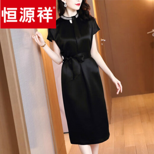 恒源祥2025夏季新款法式收腰显瘦黑色长裙高端气质缎面短袖真丝连衣裙女 黑色 L 120-130斤