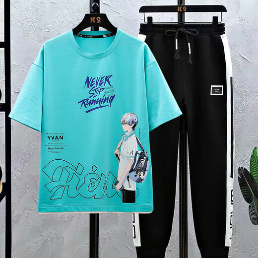 
NJSKAKW2 junior high school students 13 boys T-shirts short-sleeved handsome 15-year-old high school students men's clothing teenagers summer casual suit blue 9226 [short-sleeved T-shirt suit] S S Recommended 60-75 Jin [Jin equals 0.5 kg]