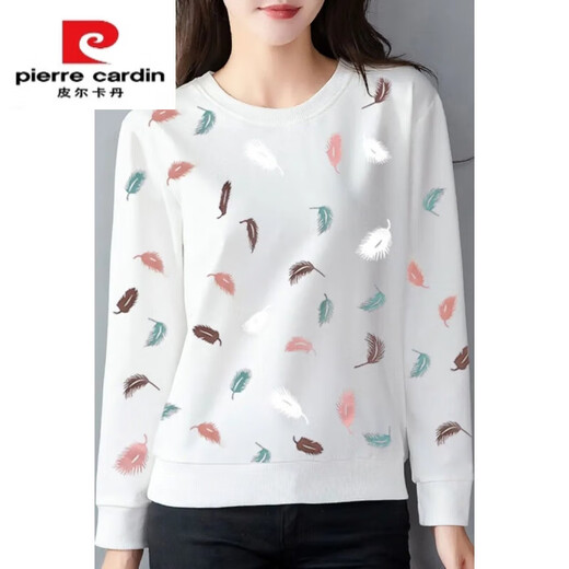 皮尔卡丹（pierre cardin）纯棉长袖T恤女秋冬薄款白色印花上衣女士宽松中年大码显瘦外套 E9227羽毛 M 【建议80-95斤】