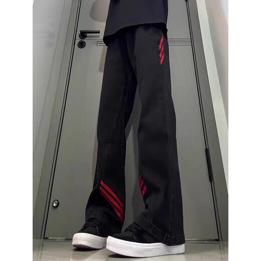 Katuchi red and black contrast stitching bootcut jeans for men in autumn and winter trendy high street design American workwear straight long pants black regular XL
