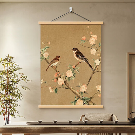 Song's aesthetic new Chinese style hanging paintings Study mural New Chinese style bedroom hanging painting Living room sofa background wall decoration 12187 bamboo report safety D width 120CM * height 180CM Red rosewood hanging scroll + high-definition oil painting
