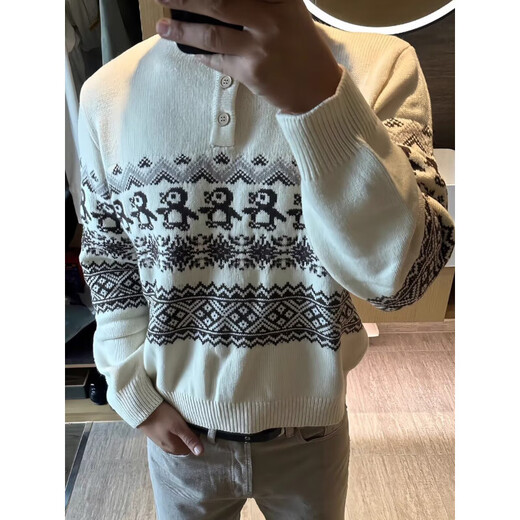 Taichiism Christmas Penguin Fair Isle Henry Neck Sweater for Men and Women, Autumn and Winter Lazy High-Quality Knitwear, Off-White 3XL 160-180Jin Jin is equal to 0.5 kg