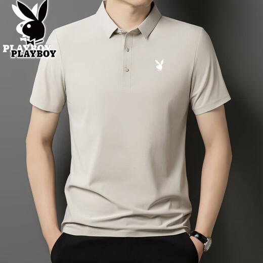 Camiseta de manga corta de seda de seda de hielo playboy para hombres 2025 Nuevo negocio de mediana edad solapa de color sólido Polo de gran tamaño Klein Blue-12358H-Ice Silk Traceless Camiseta 2XL 140-155Jin [Jin equivale a 0.5 kg]