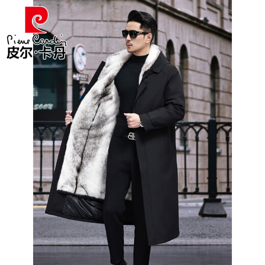 Pierre Cardin parka men's mid-length imitation mink lining cotton coat detachable imitation mink coat jacket winter black large length L