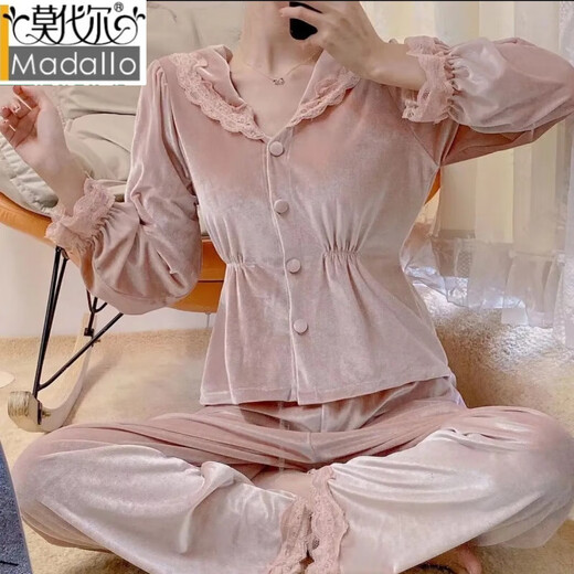 莫代尔网红金丝绒睡衣女2024年新款春秋甜美家居服休闲长袖长裤套装 粉色 -9926 L (100-115斤)