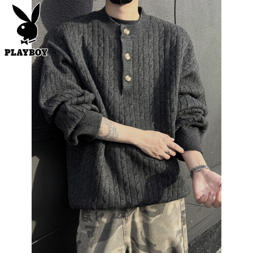 Playboy (PLAYBOY) autumn and winter retro old money style button Henry collar sweater for men and women loose lazy high-end sweater Chenguang Apricot M