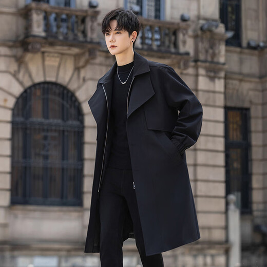 ROMON windbreaker men's mid-length autumn and winter Korean style loose double-layer collar fake two-piece coat black L