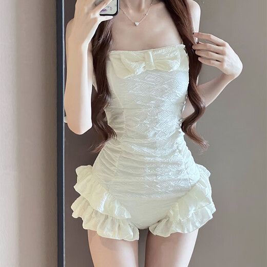 Bo Naling New Year Swimsuit Women's 2025 New Style Beautiful Girly One-piece Skirt Conservative Covering Belly, Slimming Small Breasts, Gathering Vacation Ruffled Swimsuit Off-White One Size Fits 80-120Jin Jin is equal to about 0.5 kg