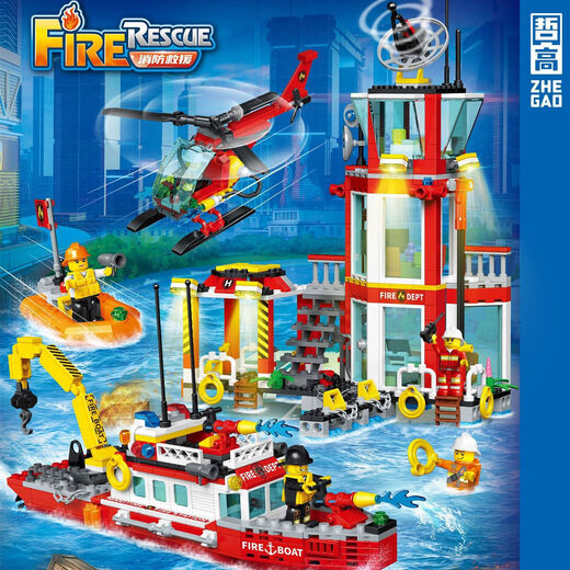 Shantou Lincun QL2260 Fire Series Marine Fire Station Rettungsboot Zusammengebautes Spielzeug Kinderbaustein Geschenk 389110-Hochhaus-Rettungsferngesteuertes Feuerwehrauto