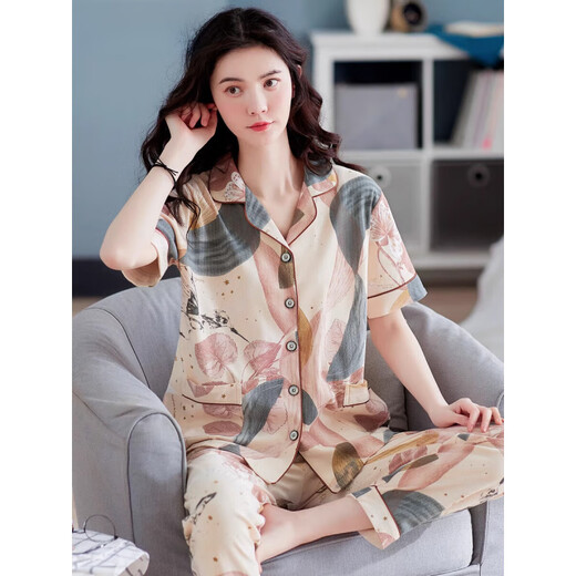 浪莎（LangSha）2025年新款睡衣女士夏季短袖长裤妈妈大码家居服夏天薄款可外穿 Q9923 XL [建议120-140斤]