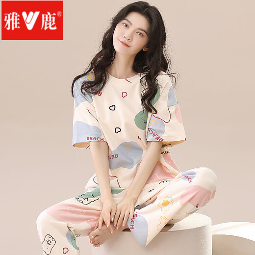 雅鹿2025年新款睡衣女夏棉短袖长裤春秋夏款女士家居服薄款两件套装 ZH-9720 M