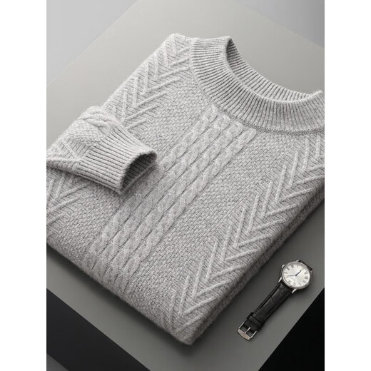 鄂尔多斯市产纯羊毛衫双股加厚男圆领针织毛衣商务休闲内搭扭花打 大象灰 XL