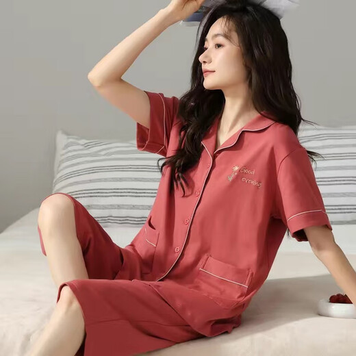 雅鹿夏季棉质睡衣女短袖七分裤大码开衫中青年女士套装外穿家居服夏 n9898 M 80-100
