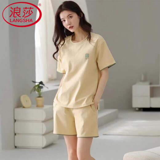 浪莎（LangSha）轻奢睡衣女夏季棉短袖短裤简约休闲棉薄款可外穿家居服套装 Z9859 XL 120-140斤