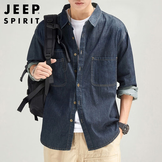 JEEP SPIRIT Jeep denim shirt men's autumn and winter American workwear retro jacket men's long-sleeved shirt men's dark blue XL