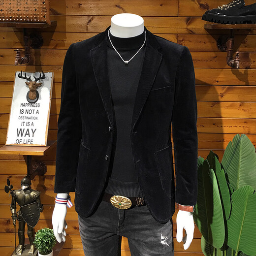 Rowswell2025 new spring and autumn corduroy suit for young men Korean version slim retro business casual small suit jacket black XL