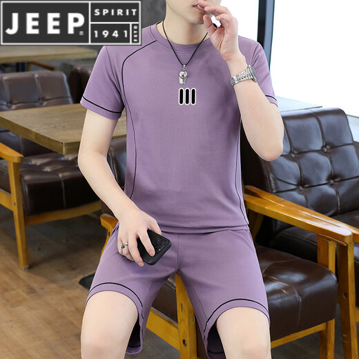 Jeep Spirit Summer à manches courtes à manches courtes short masculin à la mode pure Coton Fashion Casual Sports Basketball Fitness Two-Piece Set Xingyao Black L (90-114Jin [Jin est égal à 0,5 kg]))