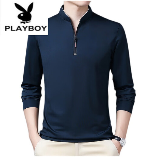 Playboy (Playboy) reines Baumwoll langärmelige T-Shirt-Herren-Dünn-T-Shirt Top Sommer Frühling Herbst Winter im mittleren Alter mit mittleren Alterskragen Langschläfen 6623 Baolan dünn 2xl 180 Vorschläge 160-170jin [Jin gleich 0,5 kg]
