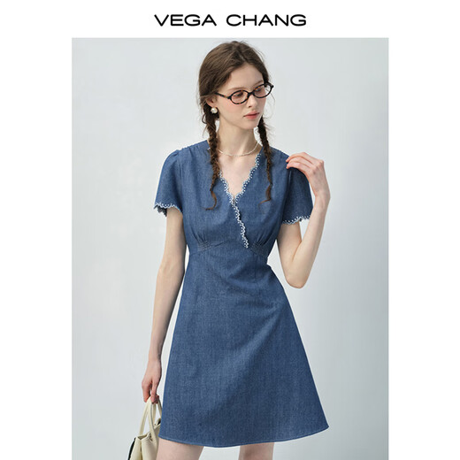 
VEGA CHANG denim dress for women 2025 new summer small V-neck lace lace slim vacation style waist-hugging skirt Bay blue (short style) M