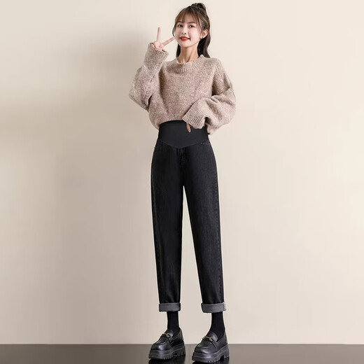 Jeans de maternidad de conejo crema Primavera y otoño 2025 Nuevo estilo de pantalones de papá de pierna recta cable informal Pantalones Harrento Harrento Denning Blue L [sugerido 105-130Jin [Jin iguala 0.5 kg]]]