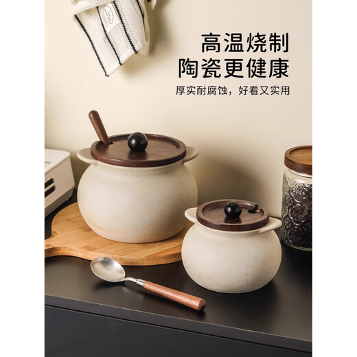 GPHF Japanese light luxury coarse pottery lard tank household high-looking kitchen special large-capacity chili oil tank oil tank meat oil tank wooden lid lard tank - small with spoon