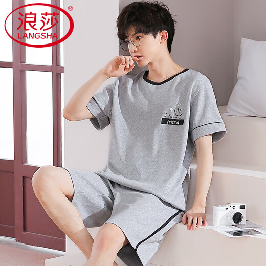 浪莎（LangSha）夏季纯棉男士短袖短裤睡衣夏天宽松薄款两件套装青少年卡通家居服 H9928(短袖短裤) L (建议100-120斤)