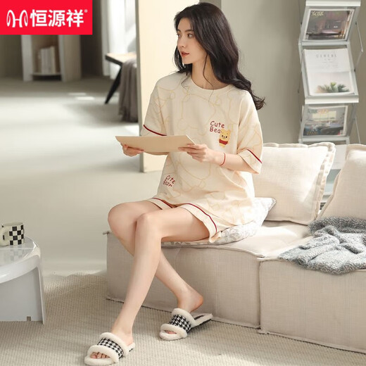 恒源祥睡衣女款夏季纯棉短袖短裤可外穿20年新款全棉家居服套装可外穿 9848黑白条纹 品牌100%纯棉 M 建议80-100斤穿