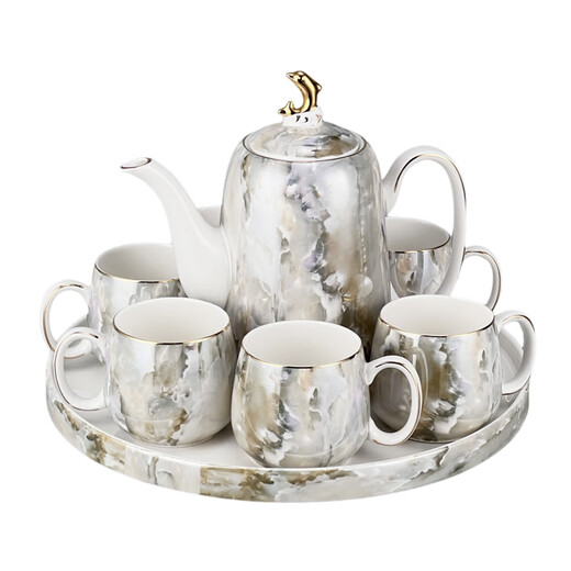 Light luxury high-end tea set 2025 new ceramic water cup teapot teacup home living room hospitality wedding gift warm yellow stone pattern dolphin tea set gift box set