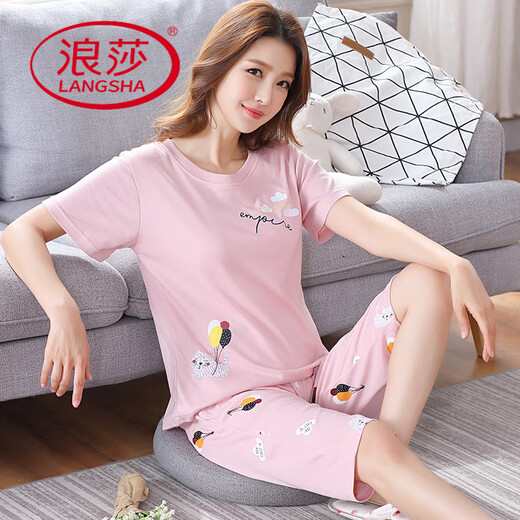 浪莎（LangSha）纯棉睡衣女七分裤夏季套短袖七分裤套装休闲春夏可外穿家居服 短袖七分裤：6624 M 建议70-95斤穿