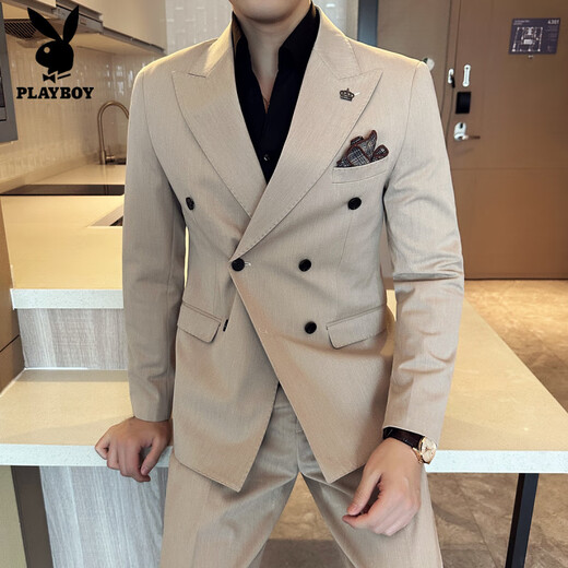 Playboy (PLAYBOY) double-breasted suit men's suit business casual high-end formal suit British slim groom wedding suit three-piece medium gray suit + trousers + vest XL (125-140Jin Jin equals 0.5 kg)