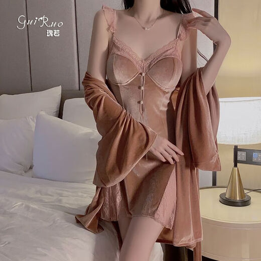 画枕眠（HUAZHENMIAN）连衣裙瑰若感蕾丝透视深V加垫甜美惑睡裙外袍丝绒家居服装3908 3879黑色（外袍+腰带）+睡裙 M