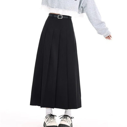 Lugeli skirt women's new pleated suit mid-length skirt high waist a-line skirt covering the crotch high-end elegant slim casual skirt black with belt XL recommended 110-125 Jin Jin equals 0.5 kg