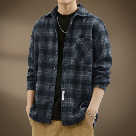 Yazhen high-end Japanese retro brushed plaid long-sleeved shirt men's spring and autumn casual loose heavyweight work shirt outer coffee color XL