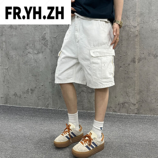 
FR.YH.ZH Yin Xiaoji Heavy washing loose workwear large pocket white bamboo joint denim shorts five-point pants men and women 1049 white M 90-110