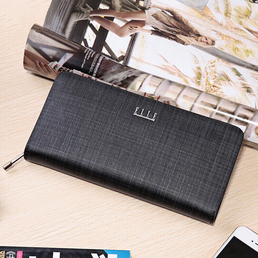 ELLE HOMME Clutch Men's Bag Business Casual First Layer Cowhide Zipper Long Wallet Ticket Holder Multi-Card Slot Clutch Bag 10300111628761913 Black Small Birthday Gift for Boyfriend and Husband