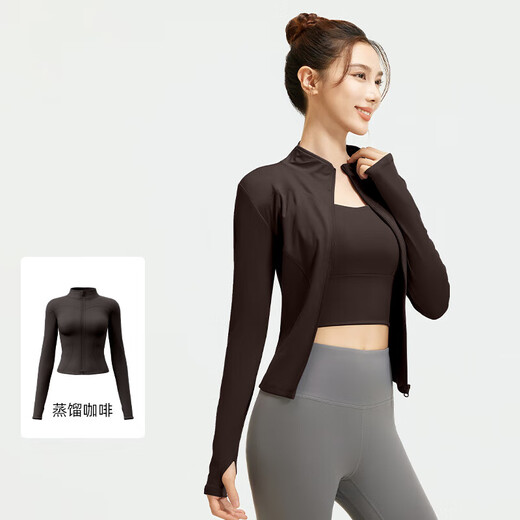 Lujiapingti yoga wear jacket slimming top running fitness suit Pilates autumn and winter large size espresso M