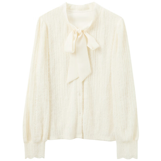 Sancai 2025 new winter style bow ribbon V-neck shirt loose lace shirt lantern sleeves stacked M