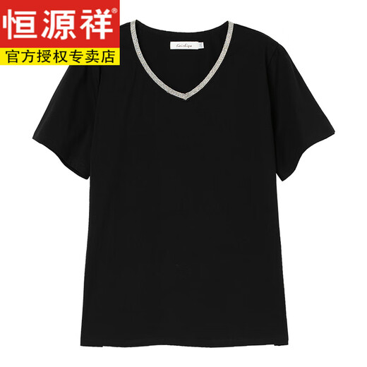 恒源祥加肥加大码鸡心领纯棉t恤女夏装短袖宽松胖妹全棉t血中年妈妈上衣 黑色【9892款】 L 适合100-115斤